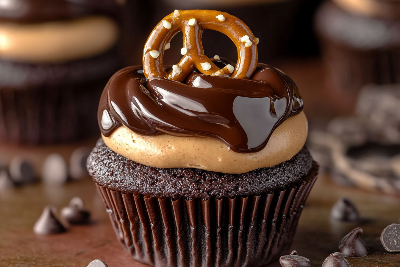 Chocolate Covered Peanut Butter Pretzel Cheesecake Cupcakes