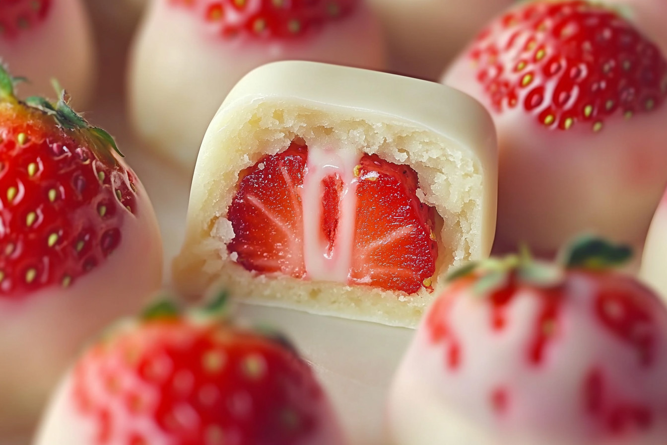 Strawberry Cheesecake Square Bites Dipped in White Chocolate