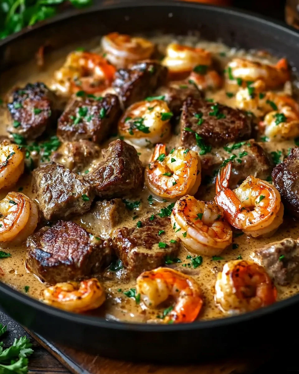 Steak and Seafood Skillet with Garlic Parmesan Cream Sauce