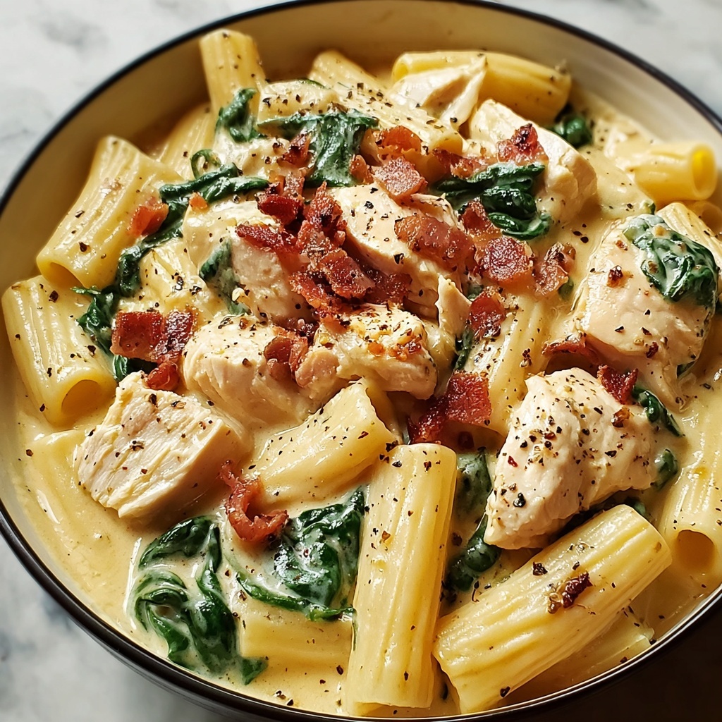 Creamy Chicken Pasta with Bacon and Spinach Recipe - Recipe Image