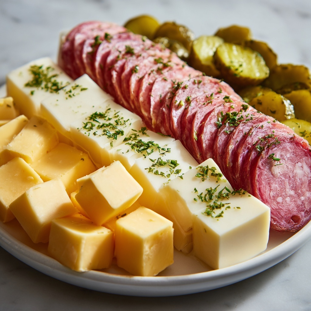 Easy Marinated Cheese Appetizer with Salami & Pickles Recipe - Recipe Image