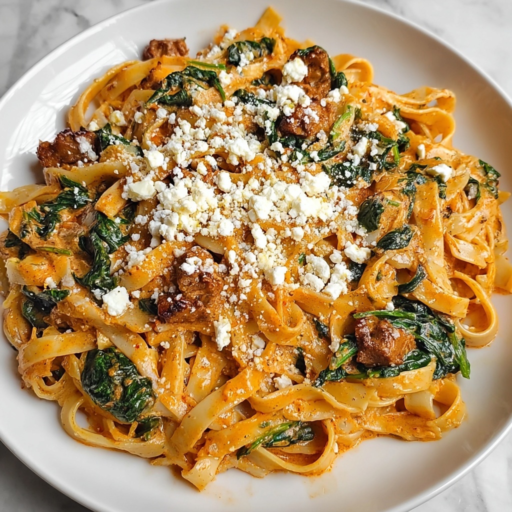 Garlic Butter Cheesy Linguine with Beef, Sausage, and Spinach Recipe - Recipe Image