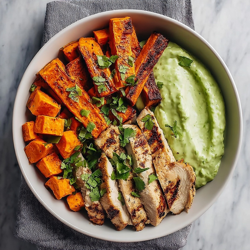 Grilled Chicken Power Bowl with Spiced Sweet Potatoes and Avocado Cream Recipe - Recipe Image