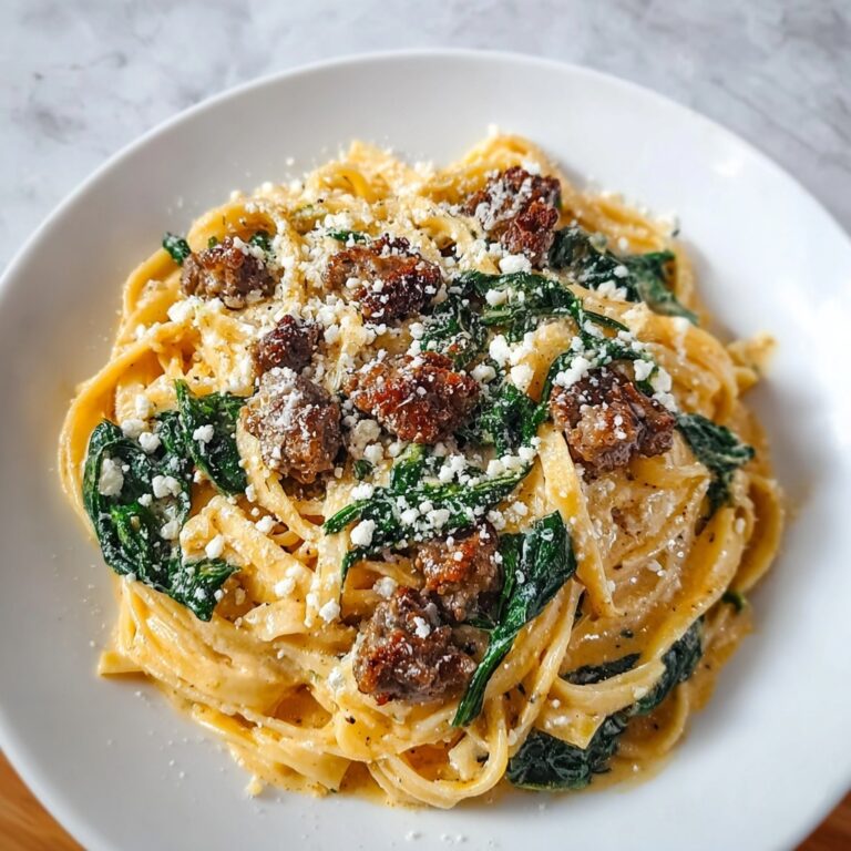 Garlic Butter Cheesy Linguine with Beef, Sausage, and Spinach Recipe