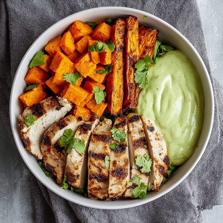 Grilled Chicken Power Bowl with Spiced Sweet Potatoes and Avocado Cream Recipe
